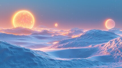 Celestial events in a frosty landscape cosmic scene digital art alien environment otherworldly perspective