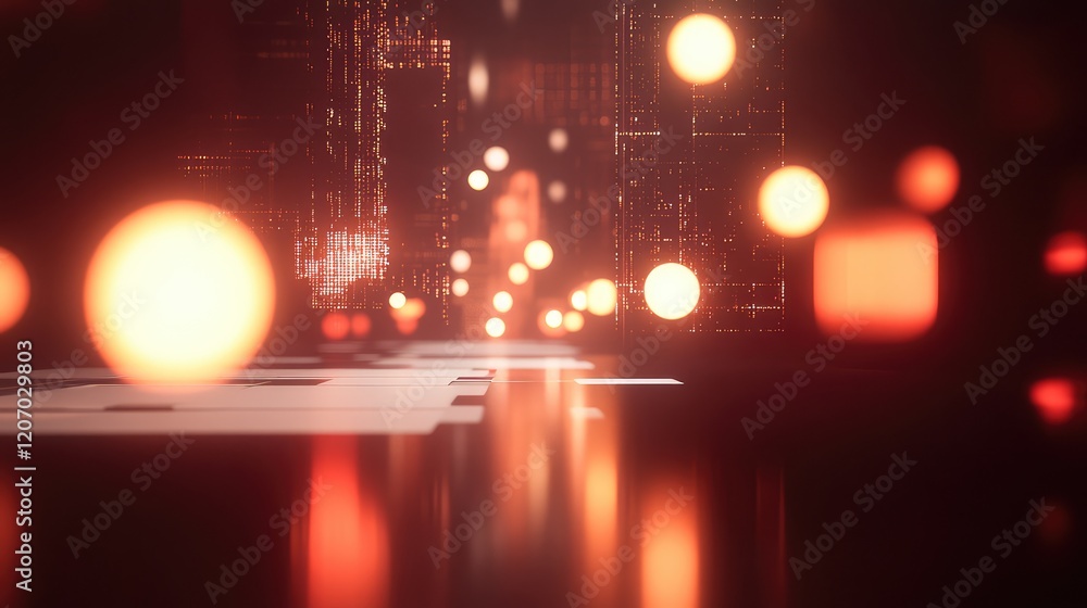Poster abstract digital interface with glowing spheres, holographic elements, and dynamic data patterns in 