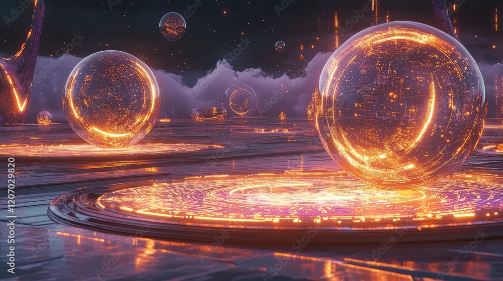 Poster abstract digital interface with glowing spheres, holographic elements, and dynamic data patterns in 