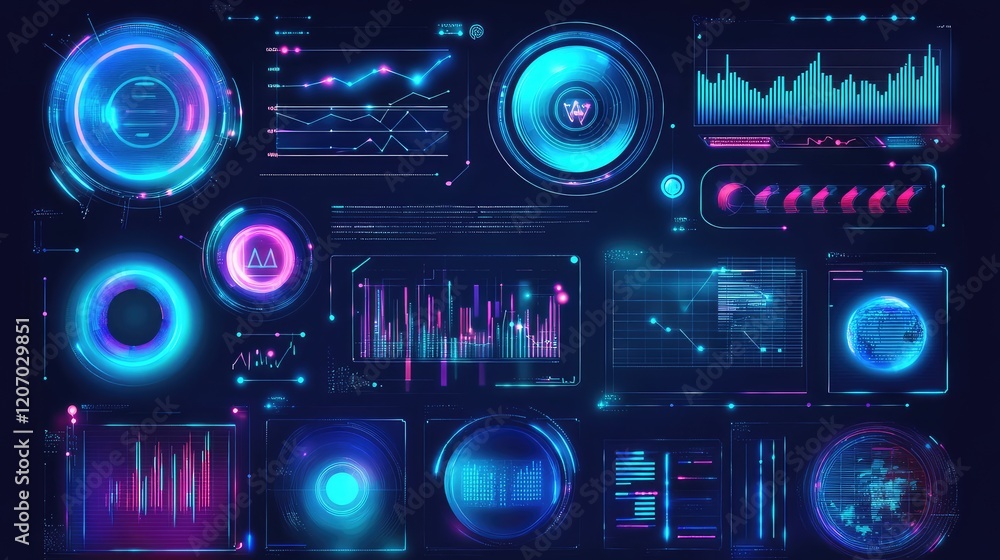 Poster abstract digital interface with glowing spheres, holographic elements, and dynamic data patterns in 