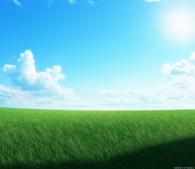 Obraz premium A vast, open green grassland beneath a clear blue sky and fluffy white clouds, stretching toward the horizon. The clean and simple background emphasizes the contrast between light and dark