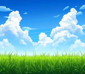 Fototapeta premium A vast, open green grassland beneath a clear blue sky and fluffy white clouds, stretching toward the horizon. The clean and simple background emphasizes the contrast between light and dark