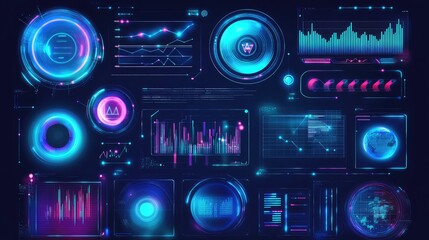 Fototapeta premium Abstract digital interface with glowing spheres, holographic elements, and dynamic data patterns in a futuristic setting