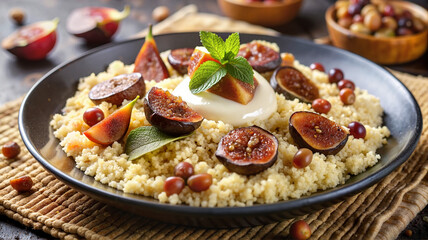 Couscous with figs, yogurt, and pomegranate seeds