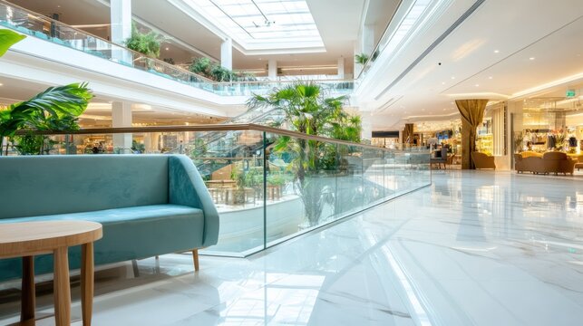 Modern Shopping Mall Interior: A teal sofa sits invitingly in a bright, spacious shopping mall atrium, overlooking the gleaming marble floors and lush greenery.