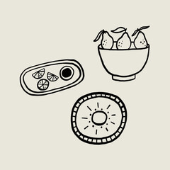 Set Sketch Ceramic Plate with Fruit. Whimsical Black Line Collection Different Pottery Clay Utensil. Vector Hand Drawn Style