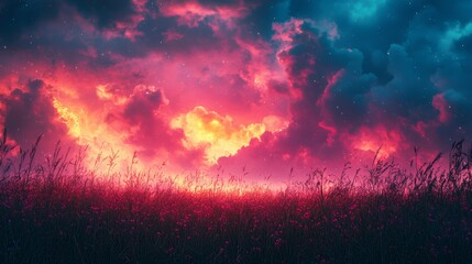 Naklejka premium Vibrant sunset over a lush field nature photography colorful sky serene landscape dramatic colors
