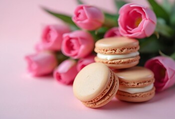 Fototapeta premium Macaroons with a bouquet of pink flowers on a blurred background