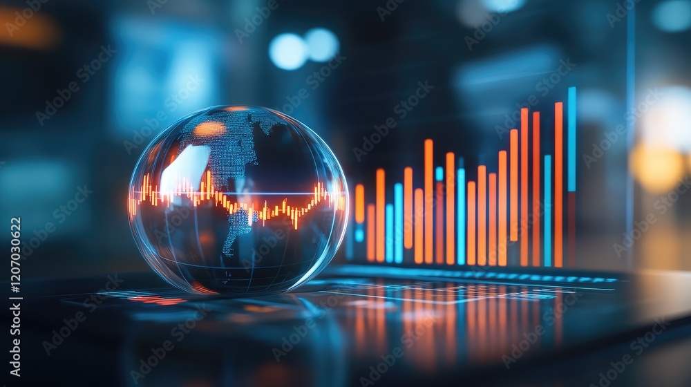Poster abstract finance concept with digital data flowing through a transparent globe, showcasing global ma