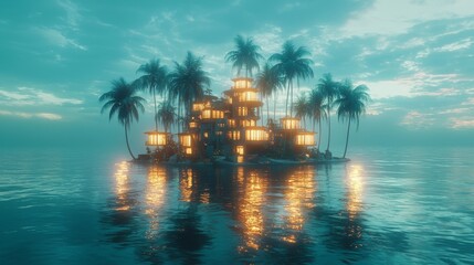 Mystical island retreat surrounded by tranquil waters fantasy landscape serene evening enchanting viewpoint