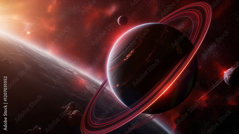 Canvas Prints cosmic landscape with rings around a planet and a glowing sun backdrop. generative ai