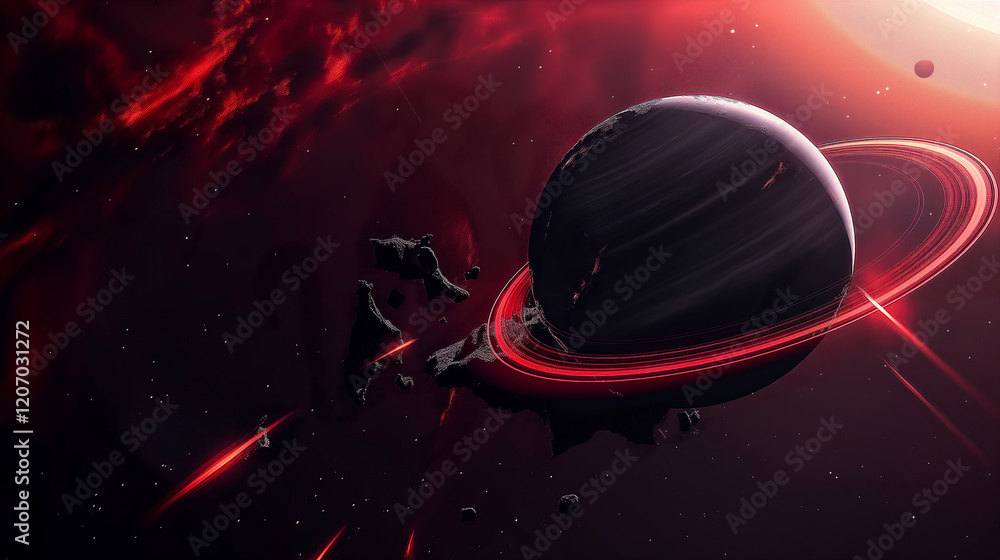 Canvas Prints cosmic landscape with rings around a planet and a glowing sun backdrop. generative ai