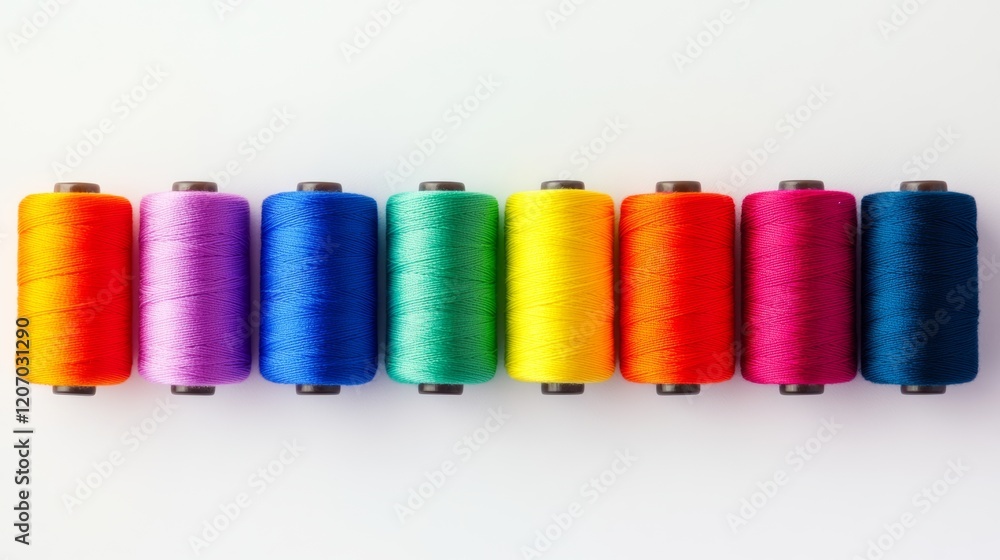 Poster row of colorful spools of thread. the spools are arranged in a row, with each one a different color.