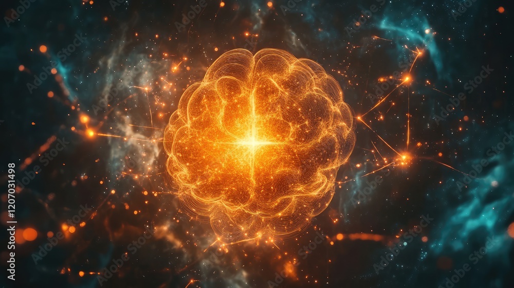 Poster abstract glowing ai brain concept with swirling light effects and interconnected nodes, minimalist d