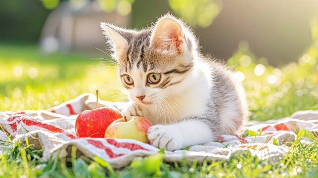 Curious Kitten: A cute, striped kitten with captivating amber eyes investigates a pair of red apples,  laying on a checkered blanket in a sun-drenched garden.