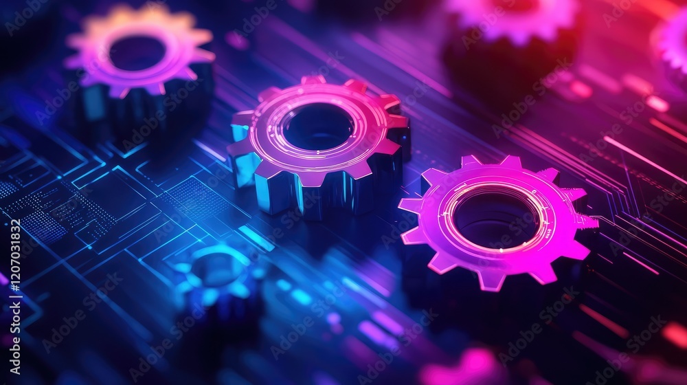 Poster abstract glowing grid of automation icons, gears, and dynamic workflows in a futuristic environment