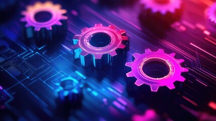 Abstract glowing grid of automation icons, gears, and dynamic workflows in a futuristic environment