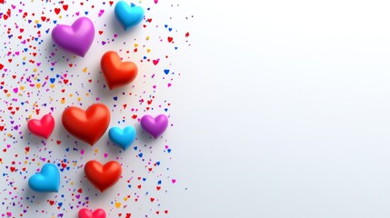 Colorful array of hearts are scattered across a white background. The hearts are of various sizes and colors, creating a vibrant and cheerful scene. Concept of love, warmth, and happiness