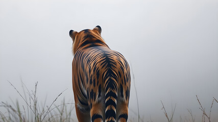 Fototapeta premium Tiger, dramatic back view in foggy environment. Generative AI