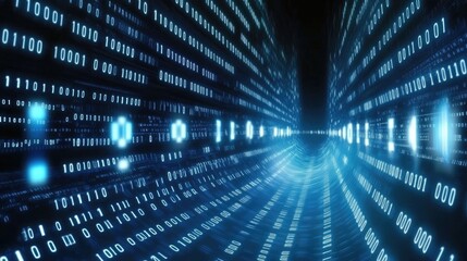 Digital transformation illustration featuring a blue background with binary code and wave patterns, symbolizing the flow of data in a modern, high-tech concept.