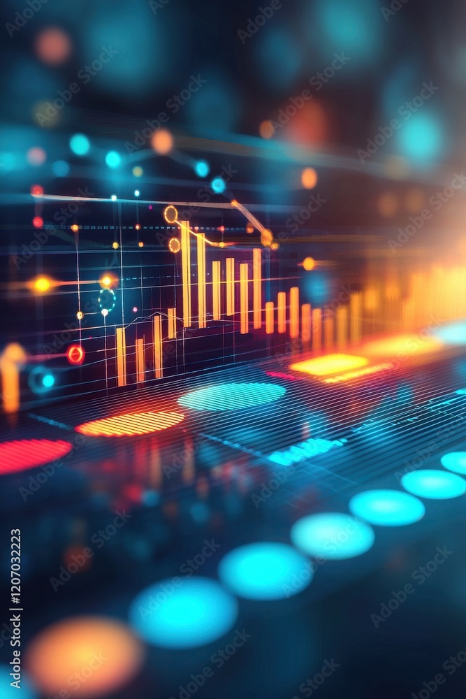 Poster digital interface with glowing radial charts tracking regional growth metrics