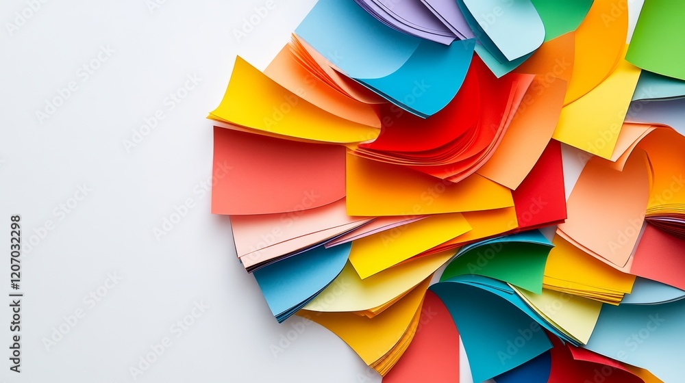 Poster pile of colorful paper with a rainbow pattern. the paper is cut into various shapes and sizes, creat