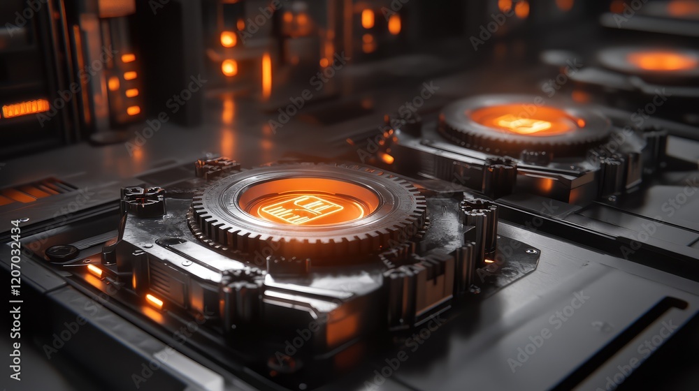 Poster abstract glowing grid of automation system icons, gears, and data nodes in a clean futuristic space