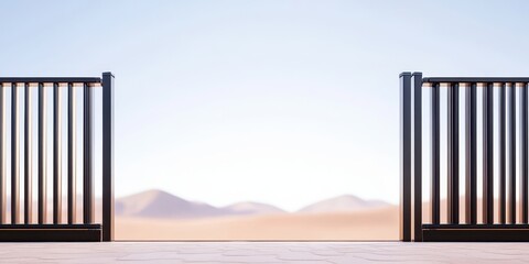 Travel restrictions and compliance concept. Open gates leading to a serene desert landscape.