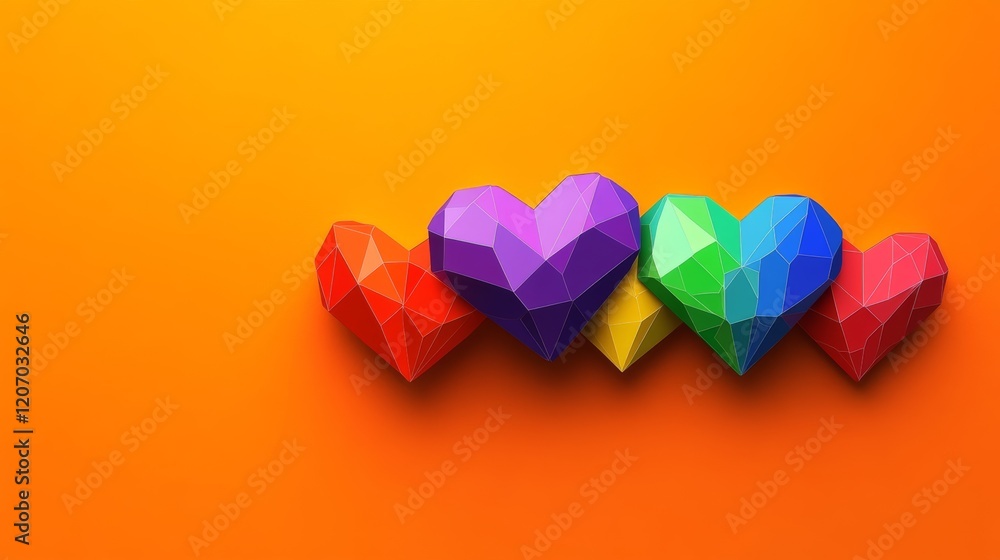 Aufkleber row of colorful hearts are arranged on an orange background. the hearts are made of paper and are of