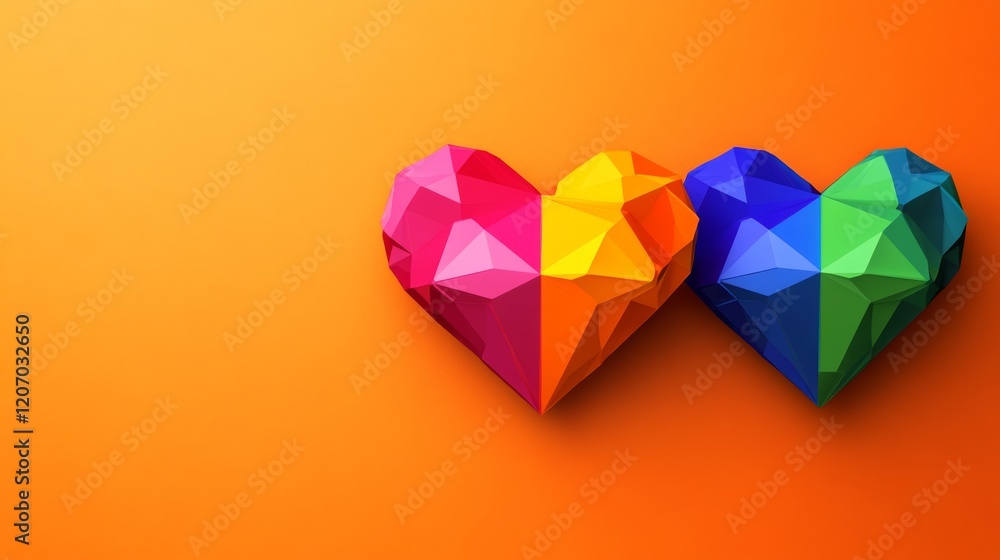 Poster two colorful hearts are displayed on a bright orange background. the hearts are made of paper and ar