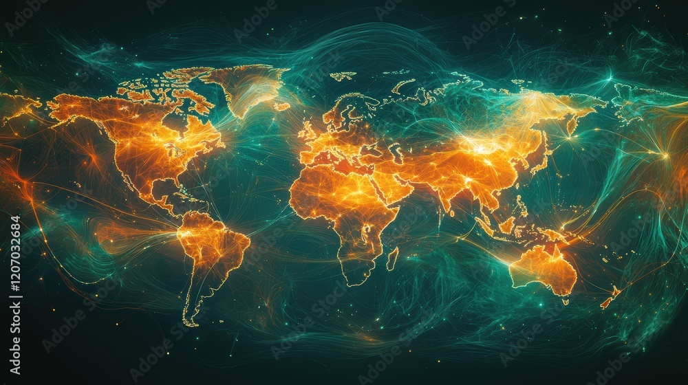 Poster world map global network connections a digital world map with pulsating nodes and data streams flowi
