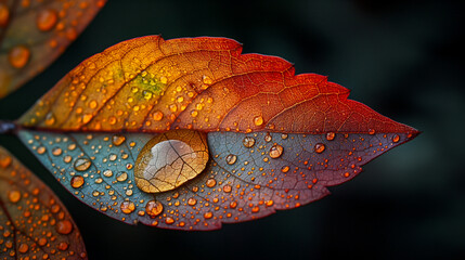 Close-up view of vibrant leaf with droplets during early morning light. Generative AI