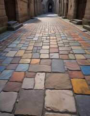 Ancient stone pavement in the church courtyard, historic building, columns, basilica architecture