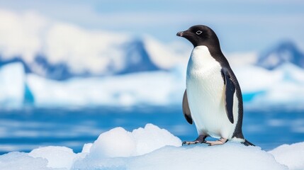 Fototapeta premium A lone penguin standing on an iceberg in Antarctica