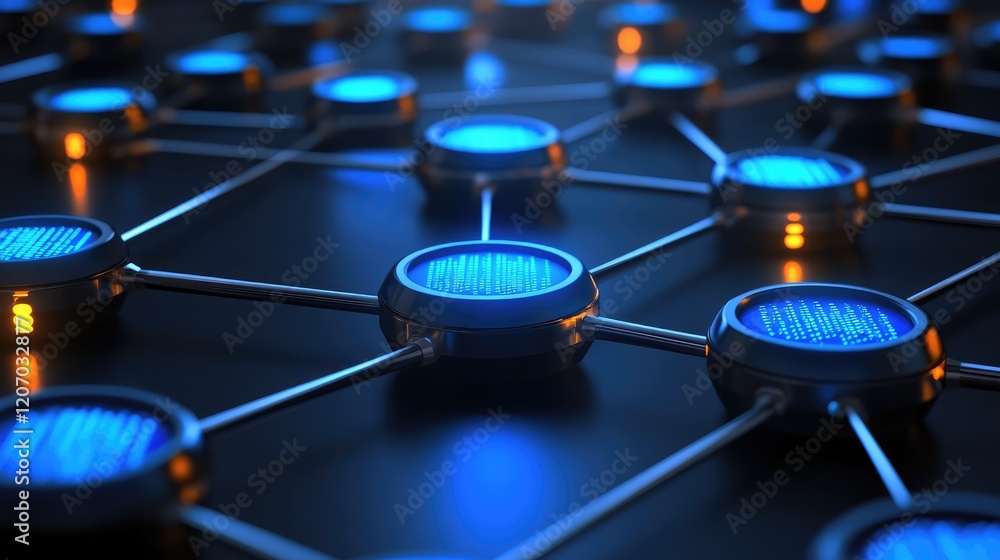 Poster abstract glowing network grid with holographic data analytics displays, surrounded by binary code st