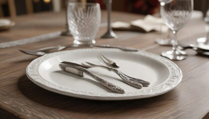 Antique silver carving fork with blank tag on fancy table, silverware, blank, retro