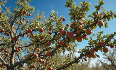Apples and branches against a clear blue sky in an orchard, fruit, rustic landscape