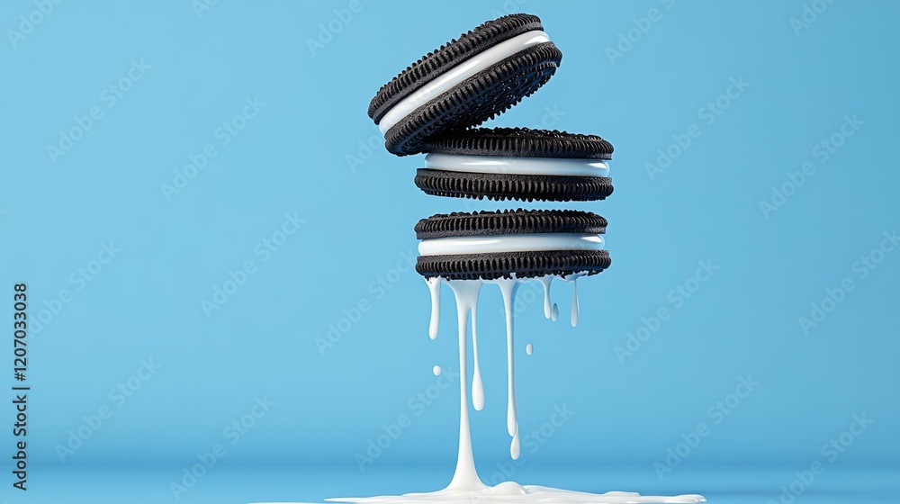 Poster three oatmeal cookies with white icing are stacked on top of each other. a stream of milk is drippin