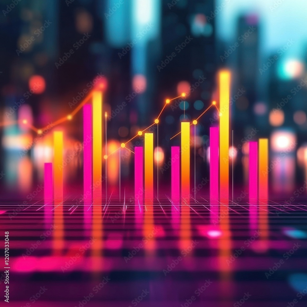 Poster digital interface with predictive analytics and glowing bar graphs