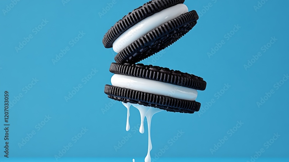 Poster two cookies with white icing are floating in the air. the cookies are upside down and the icing is d