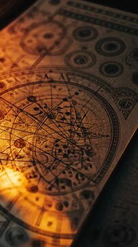 Intricate celestial map revealing constellations and astronomical symbols on aged parchment illuminated by warm light