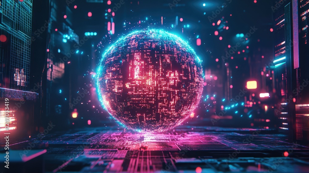 Poster abstract glowing sphere visualizing text evolving into vibrant holographic images surrounded by dyna