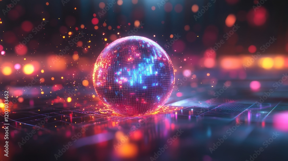 Poster abstract glowing sphere visualizing text evolving into vibrant holographic images surrounded by dyna