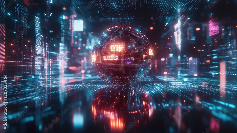 Poster abstract glowing sphere visualizing text evolving into vibrant holographic images surrounded by dyna