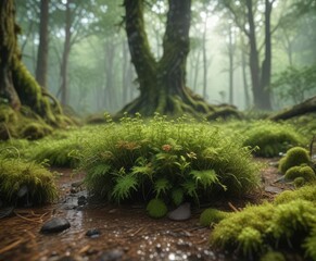 Atrichum angustatum moss growing in a damp, shaded forest floor , earthy tones, dense vegetation