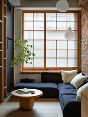 Fototapeta premium Tranquil Modern Living Room With Shoji Window And Low Seating