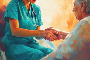 A doctor compassionately holds an elderly patient's hand, offering comfort and care.