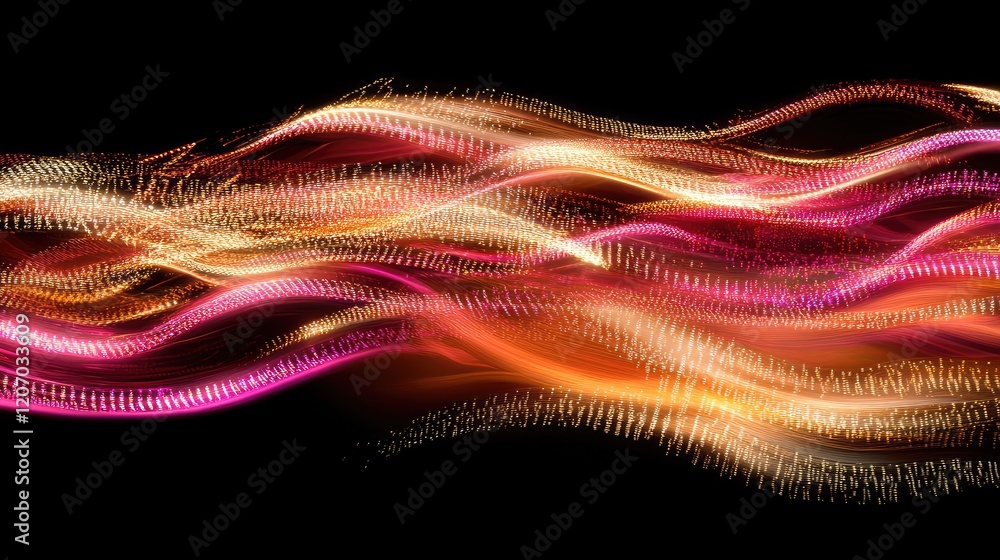 Poster abstract glowing wave of analytics visualizations with binary code streams and digital light trails