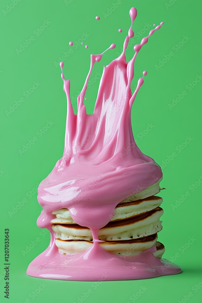 Poster stack of pancakes with pink syrup dripping down the side. the pancakes are piled on top of each othe