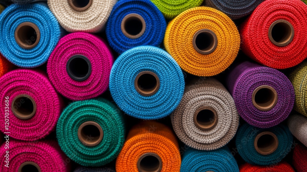 Poster bunch of colorful yarns are piled up in a row. the colors are bright and vibrant, creating a cheerfu